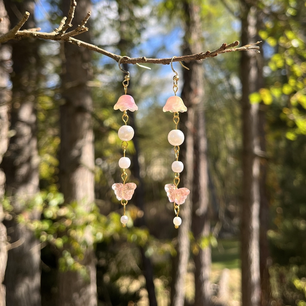 Pink/Yellow Lily Of The Valley Butterfly Drop Dangle Earrings